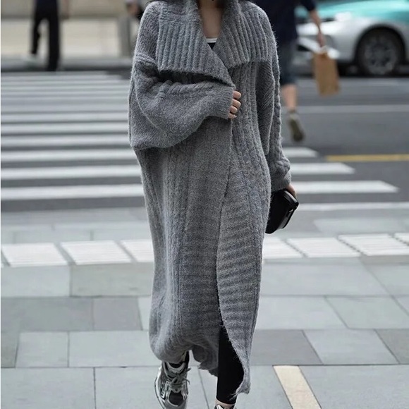 Sweaters - #34 MAXI OVERSIZED Grey Gray Cardigan Sweater Long Fuzzy Slouchy Lapel duster
